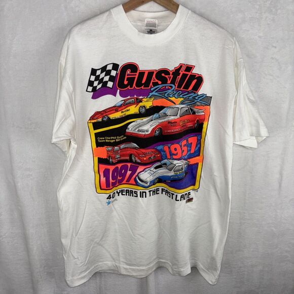 Vintage 1997 Gustin Racing 40 Years In The Fast Lane T-shirt Sz XL White - Picture 1 of 7